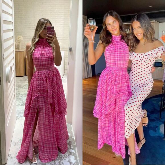 Aje Bungalow Sienna Halter Open Back Tiered Slit Maxi Dress Pink Size 8 Barbie - Picture 13 of 16